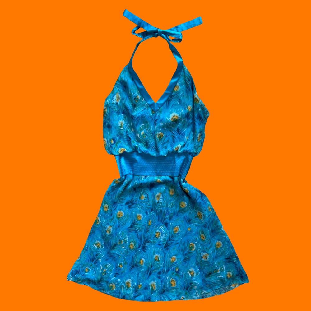 00's vintage peacock print 100% silk drop waist y2k dress Size 8 shelli segal